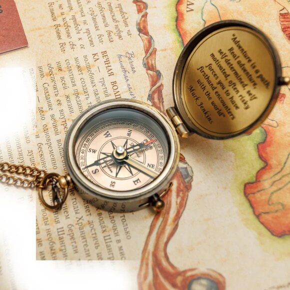 Brass Compass with Leather Case Not All Those Who Wander Are Lost 2 Inch - Picture 2 of 7